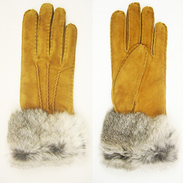 Women's Goat Suede Gloves, Leather Gloves, with Rabbit Fur Cuff, Full Hand Sewn QY-L10151